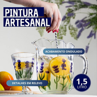 Jogo Jarra 1,5 L + 6 Taças de Vidro Com Pintura Relevo Floral Lavanda