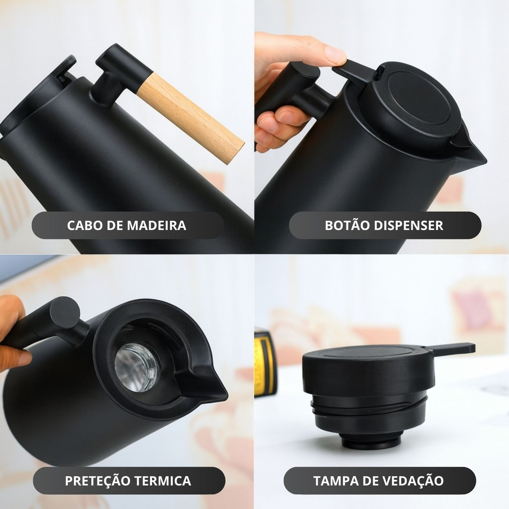 Garrafa Termica Para café Estilo Escandinavo com pegador de madeira Fosco 1 Litro