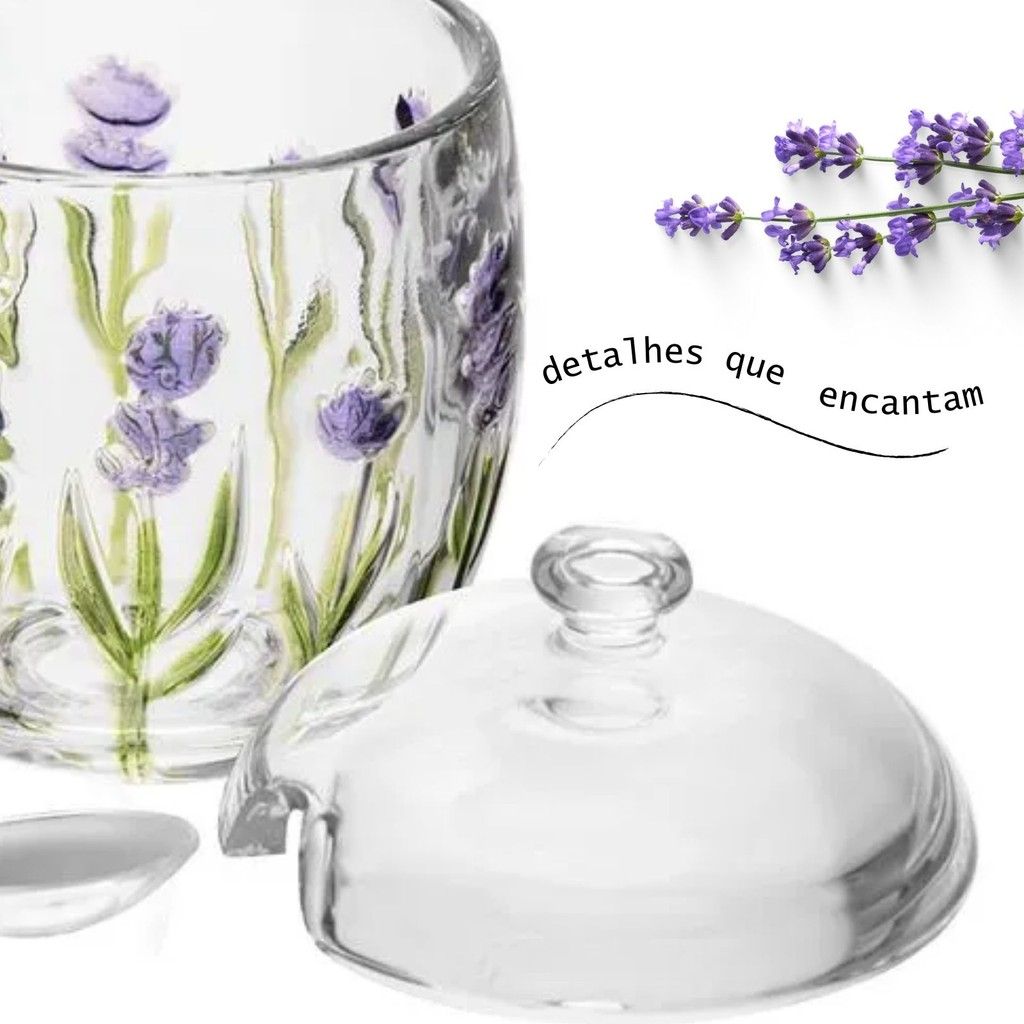 Açucareiro com Colher e Tampa com Relevo Lavanda 8,5cm x 11,3cm em Cristal