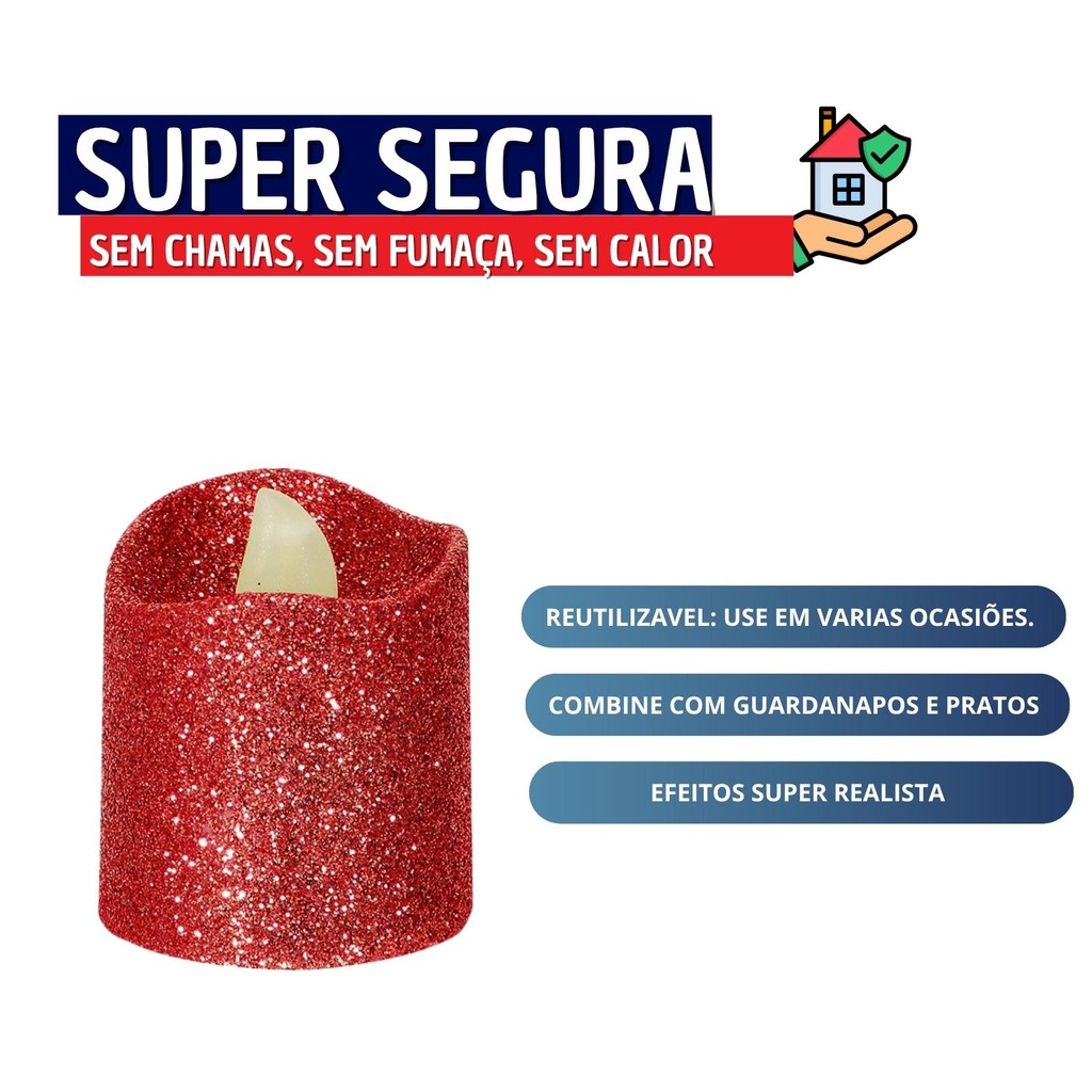 Kit 04 Mini Velas Artificiais decorativas com Glitter Mesa Posta Natal e Ano Novo