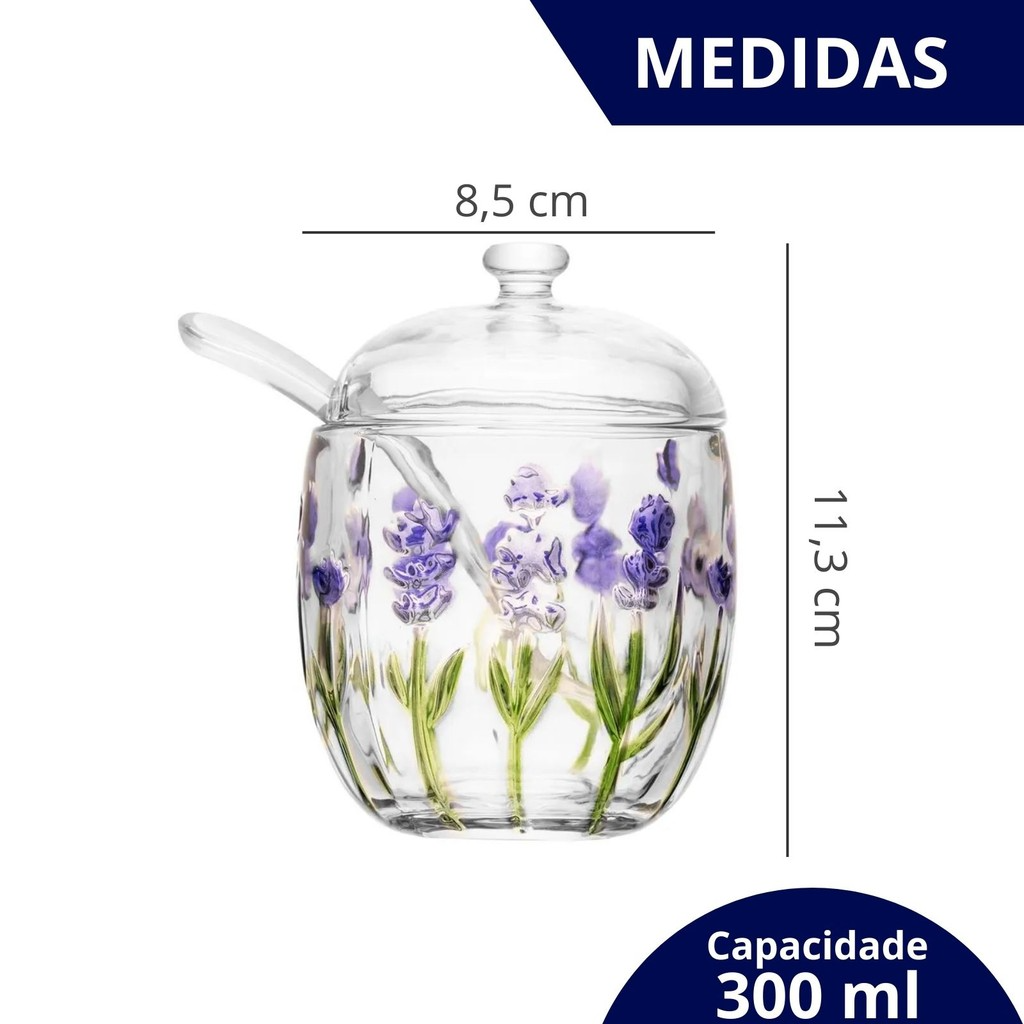 Açucareiro com Colher e Tampa com Relevo Lavanda 8,5cm x 11,3cm em Cristal