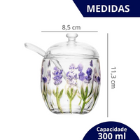 Açucareiro com Colher e Tampa com Relevo Lavanda 8,5cm x 11,3cm em Cristal