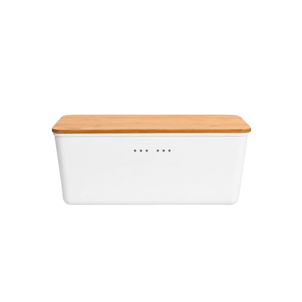 Porta Pão Branco com Tampa de Bambu Natural com Frase
