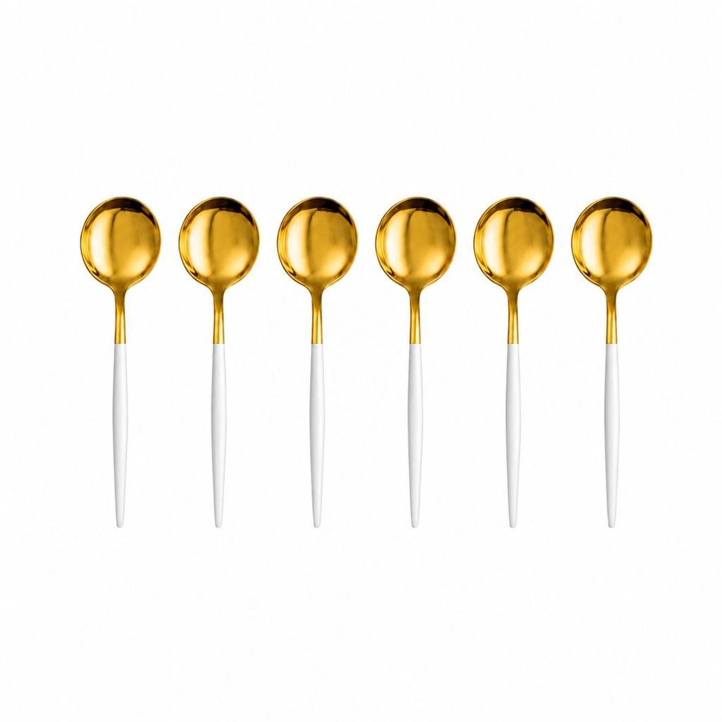 6 Colher, Garfo ou Faca em Aço Inox Dourado com Cabo Fino Branco