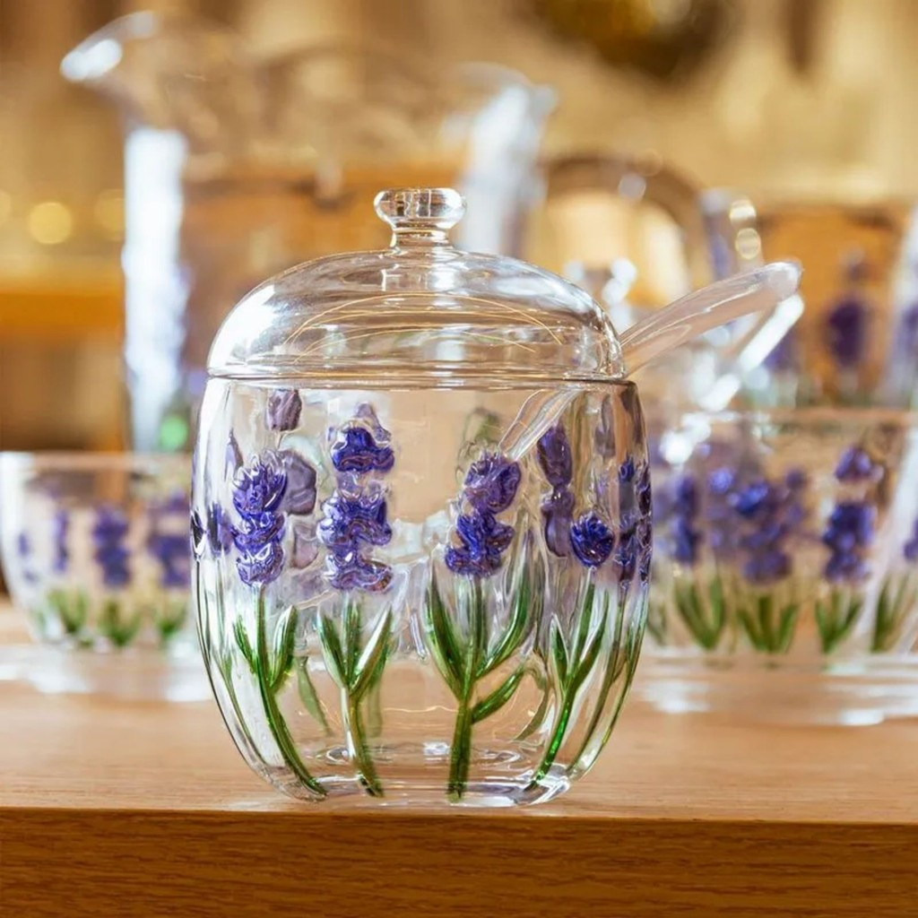 Açucareiro com Colher e Tampa com Relevo Lavanda 8,5cm x 11,3cm em Cristal