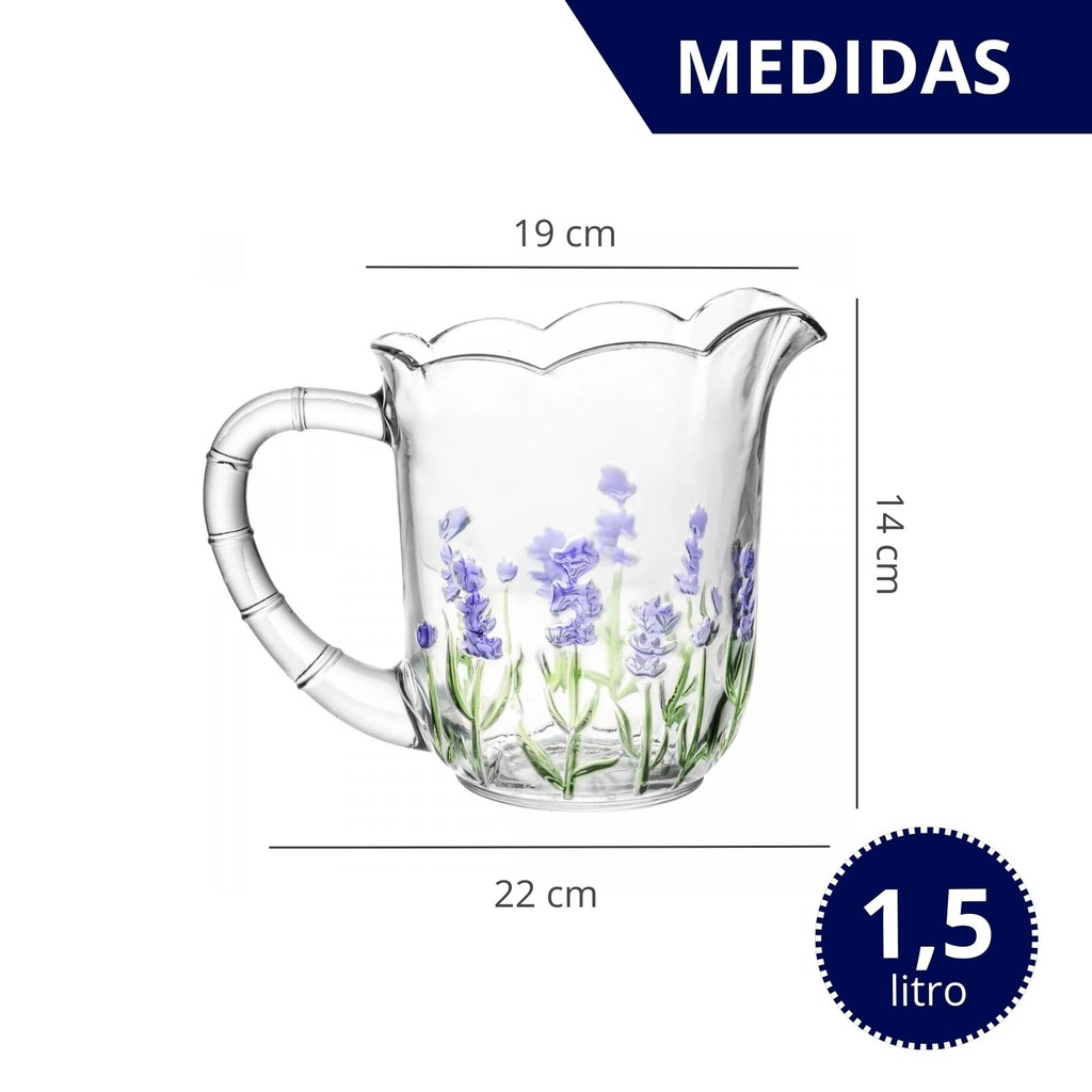 Jogo Jarra 1,5 L + 6 Taças de Vidro Com Pintura Relevo Floral Lavanda