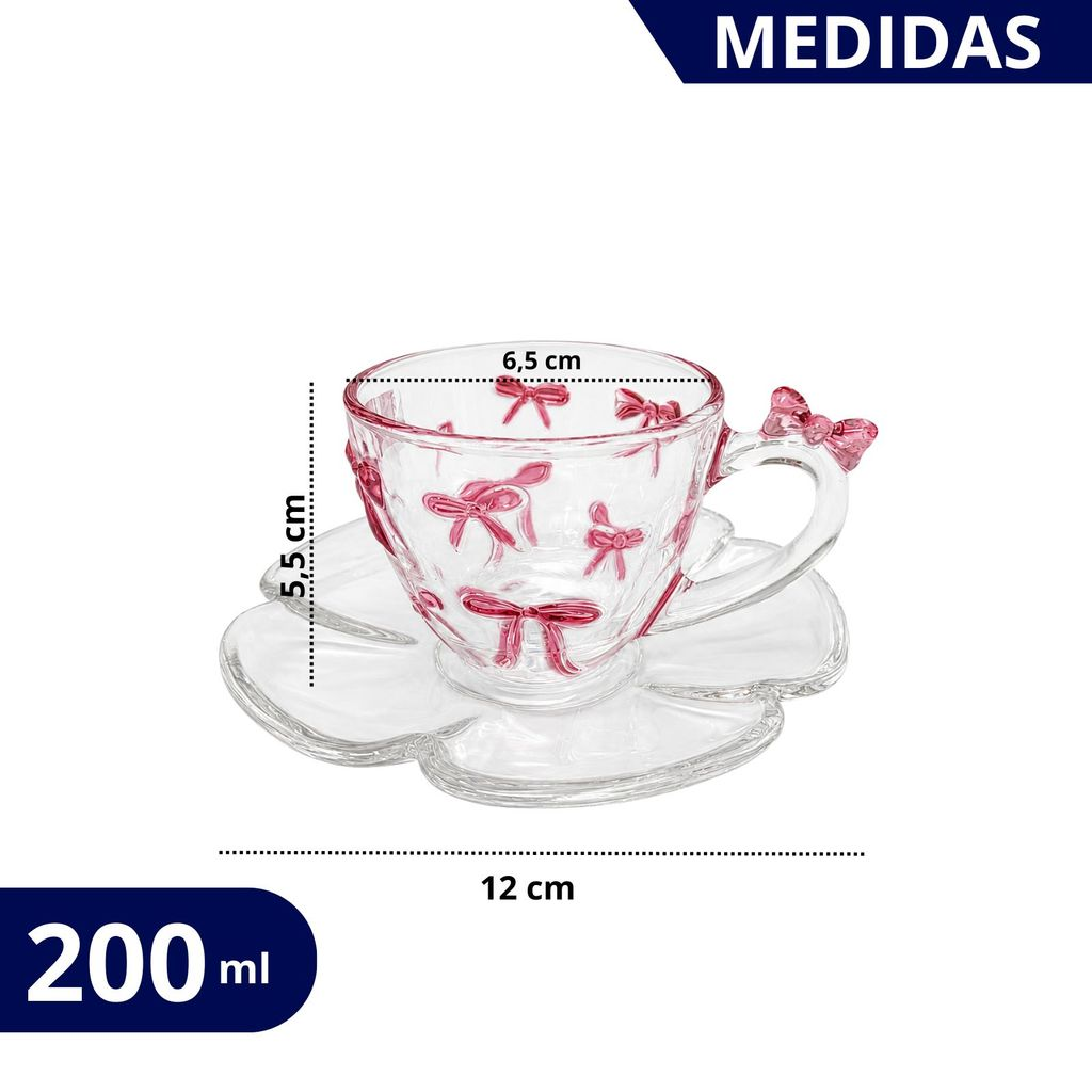 Kit 4 Xícara com Pires de Vidro com Detalhe de Laço Rosa