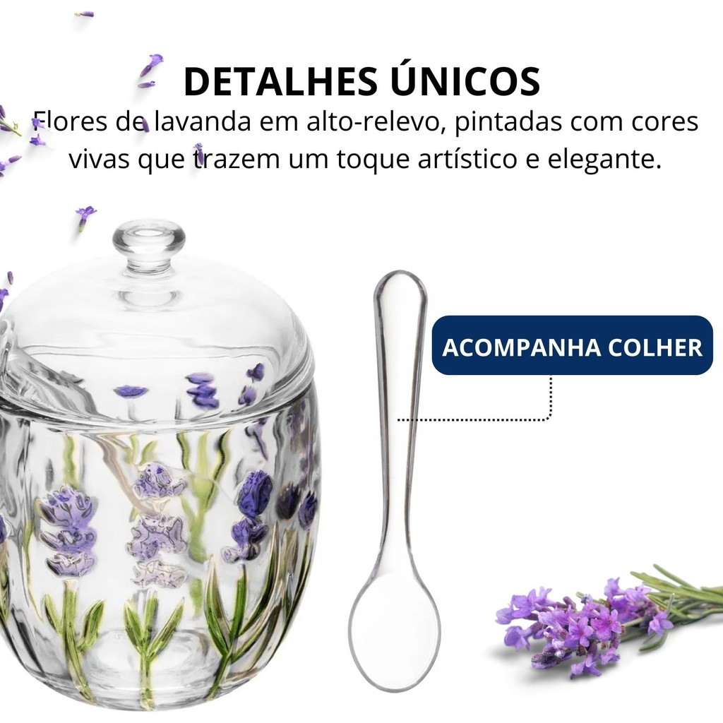 Açucareiro com Colher e Tampa com Relevo Lavanda 8,5cm x 11,3cm em Cristal