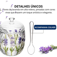 Açucareiro com Colher e Tampa com Relevo Lavanda 8,5cm x 11,3cm em Cristal