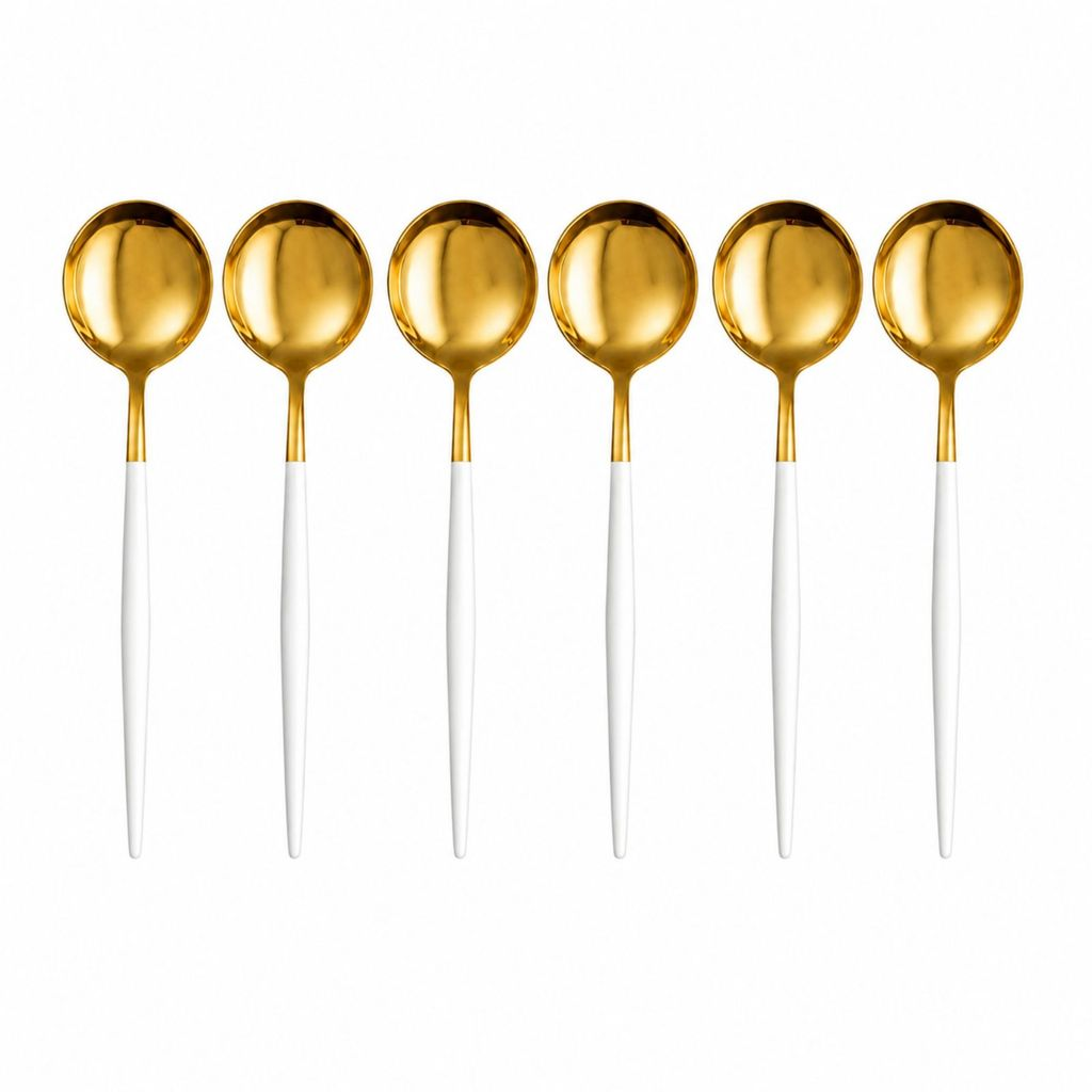 6 Colher, Garfo ou Faca em Aço Inox Dourado com Cabo Fino Branco