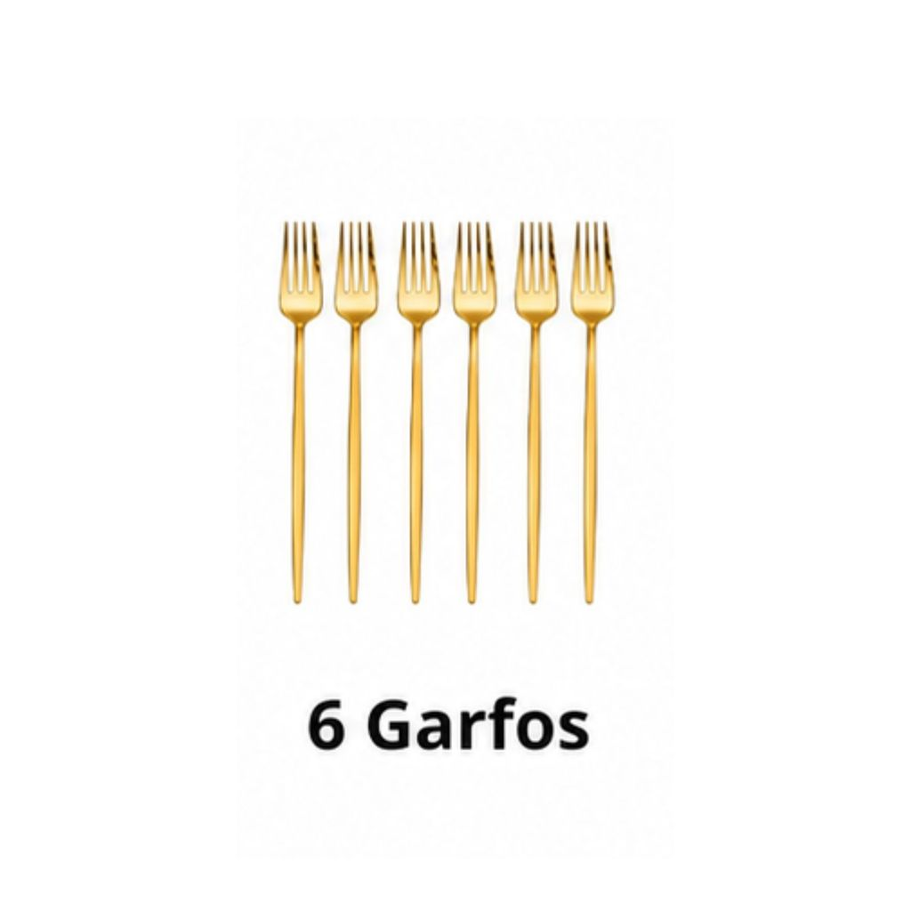 6 Colher, Garfo ou Faca em Aço Inox Dourado com Cabo Fino Chique e Minimalista