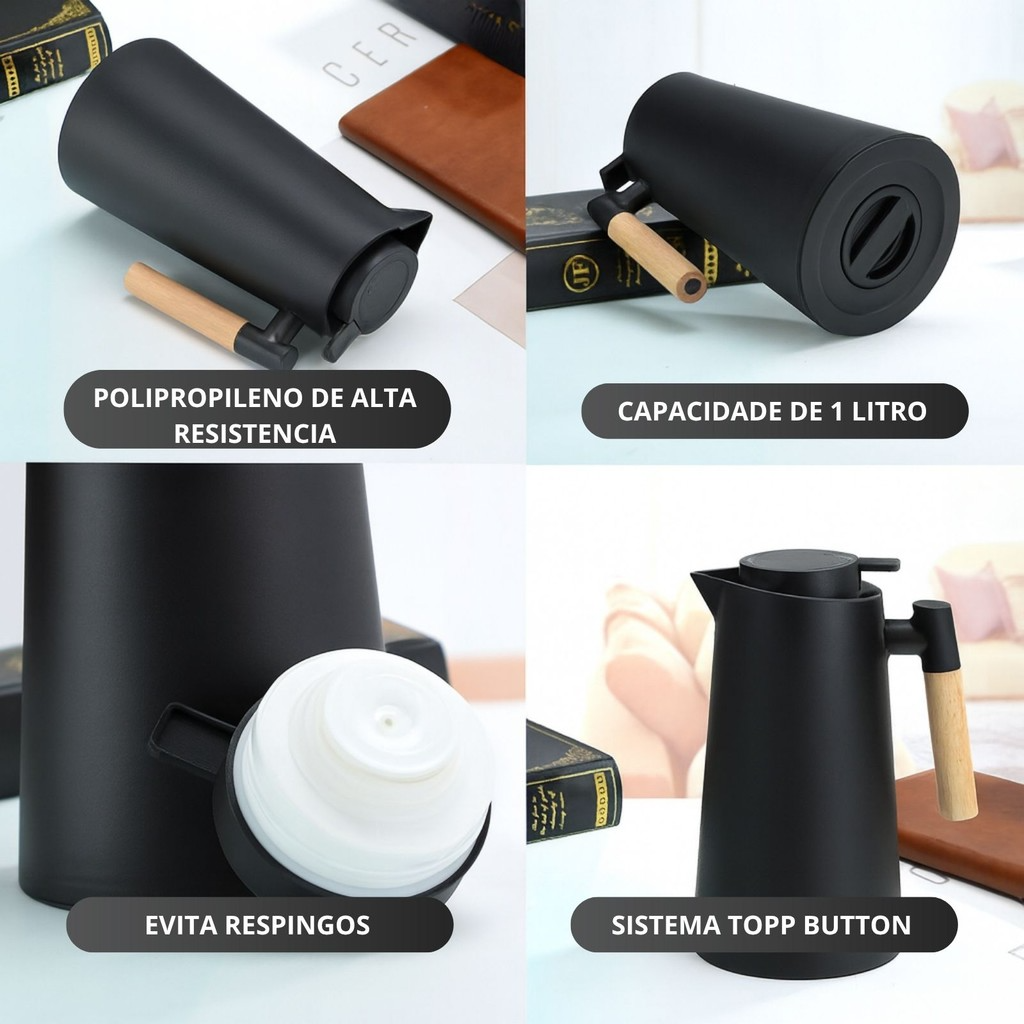 Garrafa Termica Para café Estilo Escandinavo com pegador de madeira Fosco 1 Litro