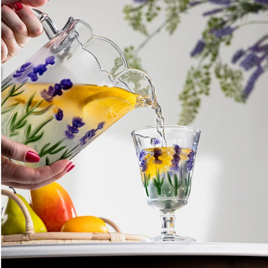 Jogo Jarra 1,5 L + 6 Taças de Vidro Com Pintura Relevo Floral Lavanda