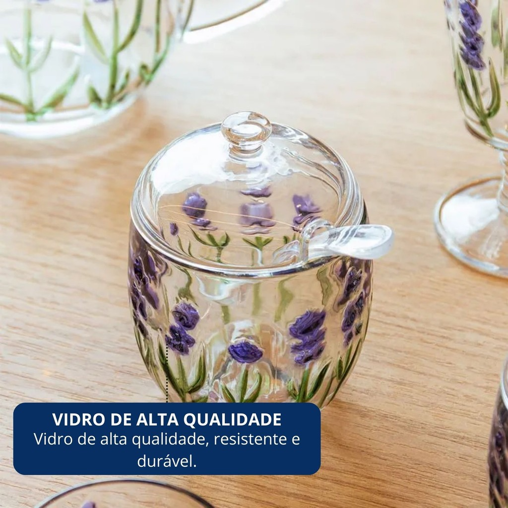 Açucareiro com Colher e Tampa com Relevo Lavanda 8,5cm x 11,3cm em Cristal