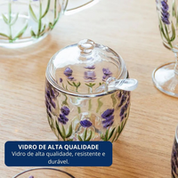 Açucareiro com Colher e Tampa com Relevo Lavanda 8,5cm x 11,3cm em Cristal
