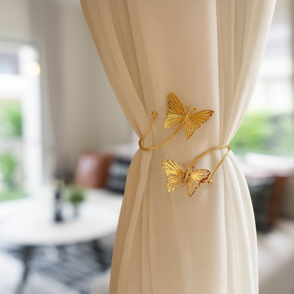 Kit 02 Prendedores de cortina Luxo Borboleta Dourada Aro Recartilhado