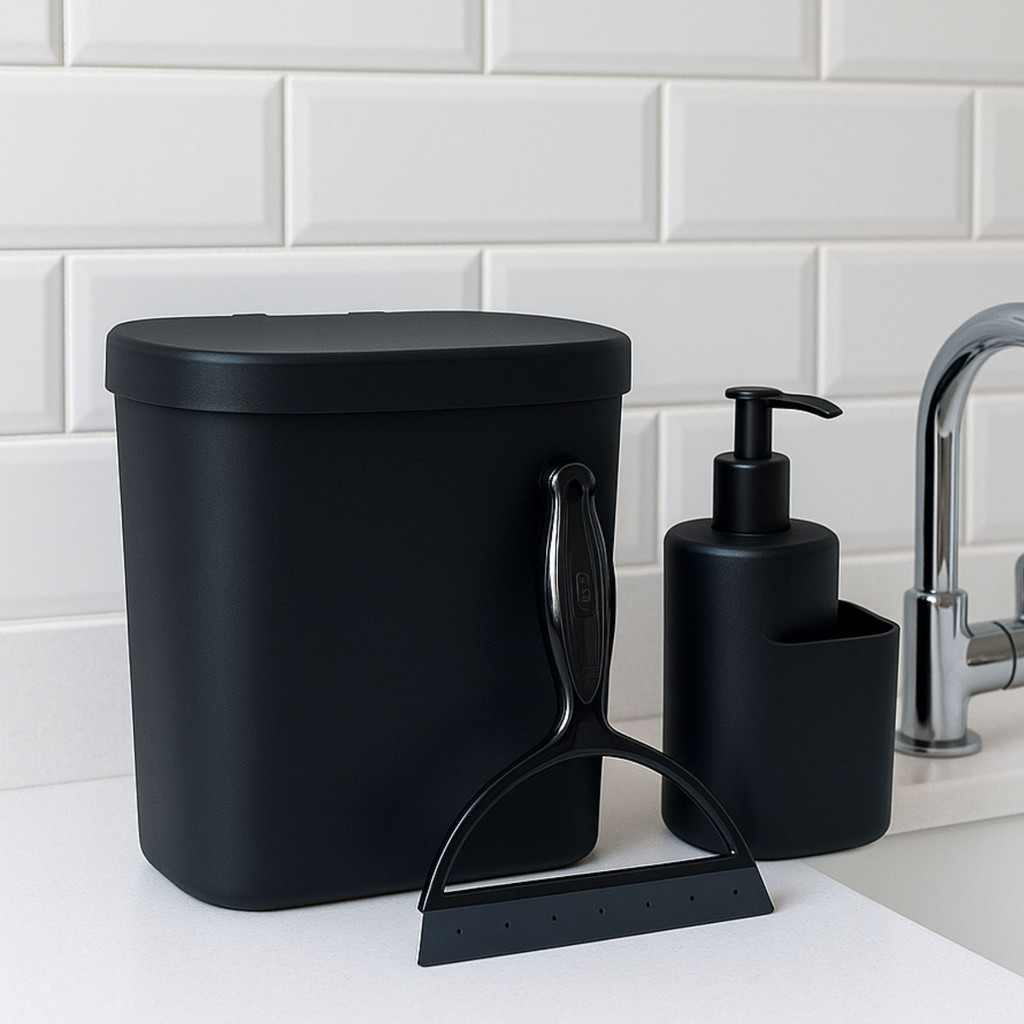 Kit Completo para Pia Lixeira, Dispenser e Rodo