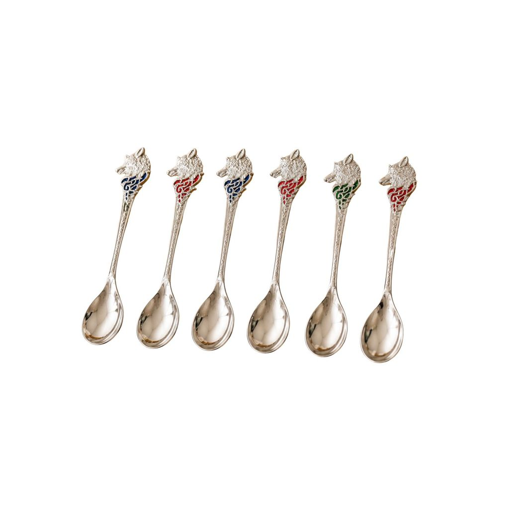 Kit 6 Colheres decorativas de café Premium Prateada com Cabo de Lobo