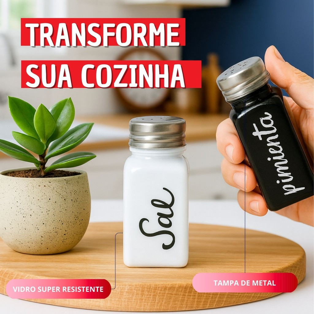 Jogo Saleiro e Pimenteiro em Vidro Com Tampa de Aço com Escrita