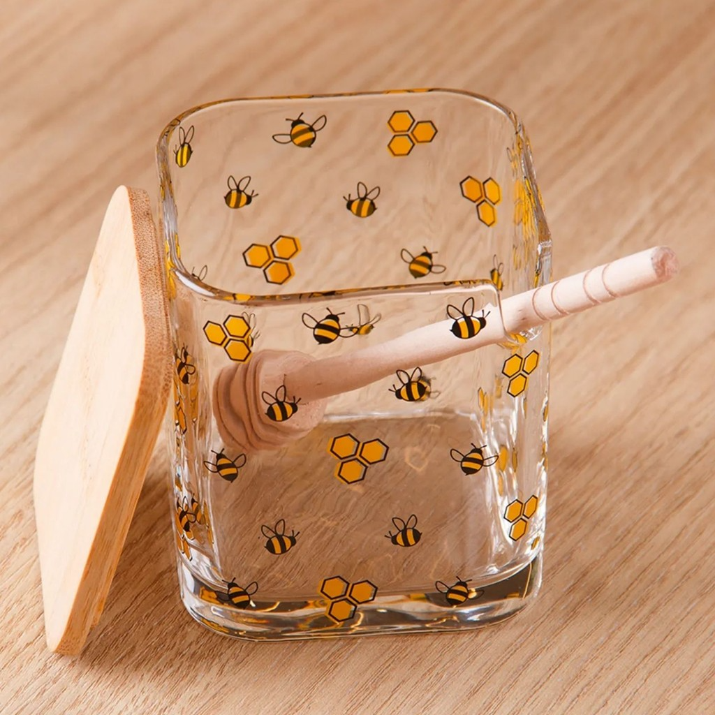 Meleira Abelhas com Tampa de Bambu e Colher de Madeira 9,5x8x8cm