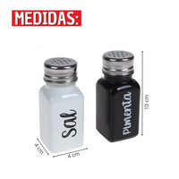 Jogo Saleiro e Pimenteiro em Vidro Com Tampa de Aço com Escrita