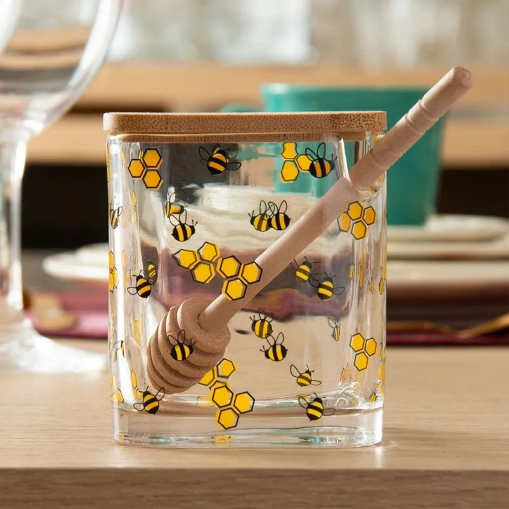 Meleira Abelhas com Tampa de Bambu e Colher de Madeira 9,5x8x8cm
