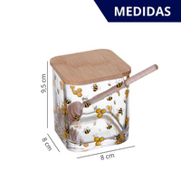 Meleira Abelhas com Tampa de Bambu e Colher de Madeira 9,5x8x8cm