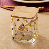 Meleira Abelhas com Tampa de Bambu e Colher de Madeira 9,5x8x8cm