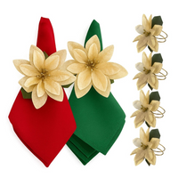 Kit com 4 Guardanapo + Argola de Guardanapo Flor Dourada Mesa Posta Natal