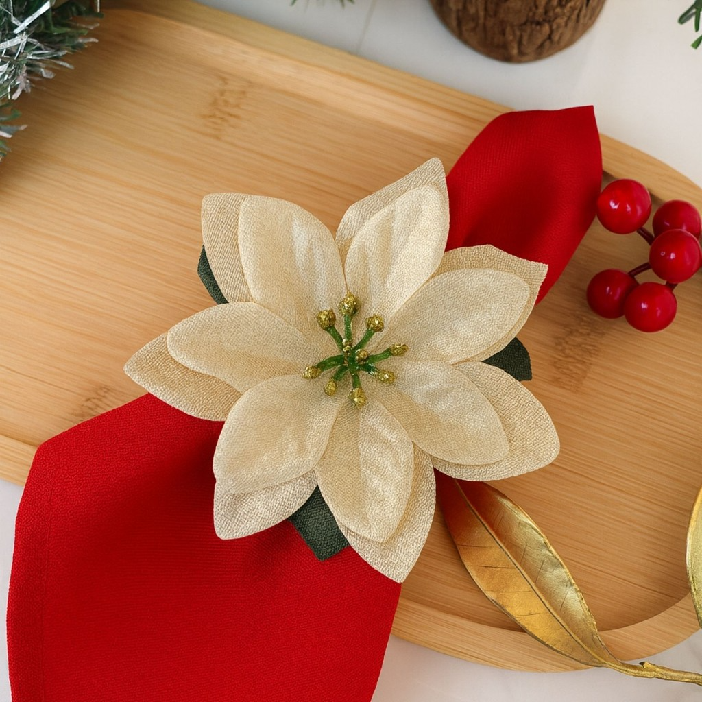 Kit com 4 Guardanapo + Argola de Guardanapo Flor Dourada Mesa Posta Natal