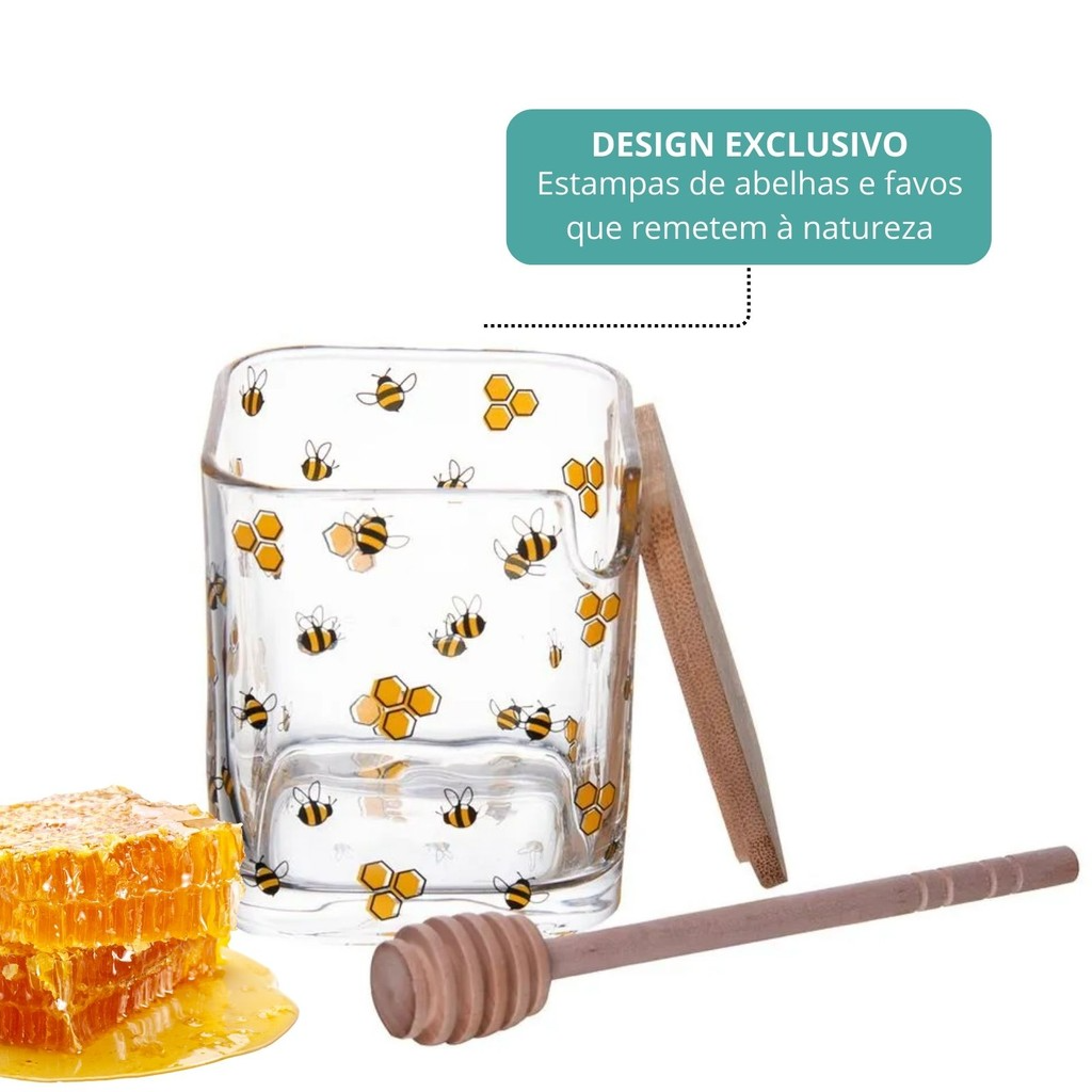 Meleira Abelhas com Tampa de Bambu e Colher de Madeira 9,5x8x8cm