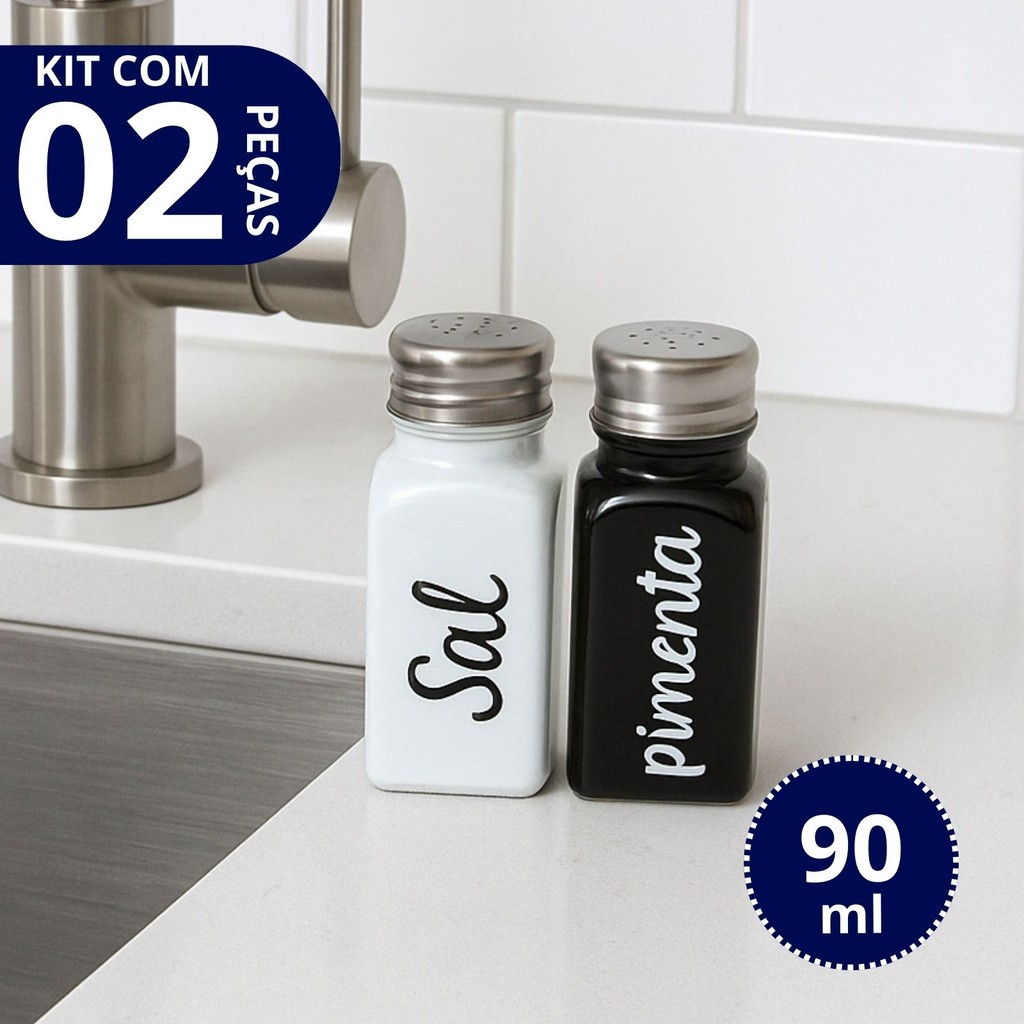 Jogo Saleiro e Pimenteiro em Vidro Com Tampa de Aço com Escrita