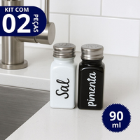 Jogo Saleiro e Pimenteiro em Vidro Com Tampa de Aço com Escrita
