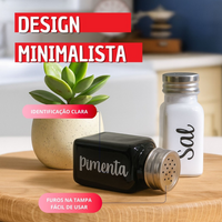 Jogo Saleiro e Pimenteiro em Vidro Com Tampa de Aço com Escrita