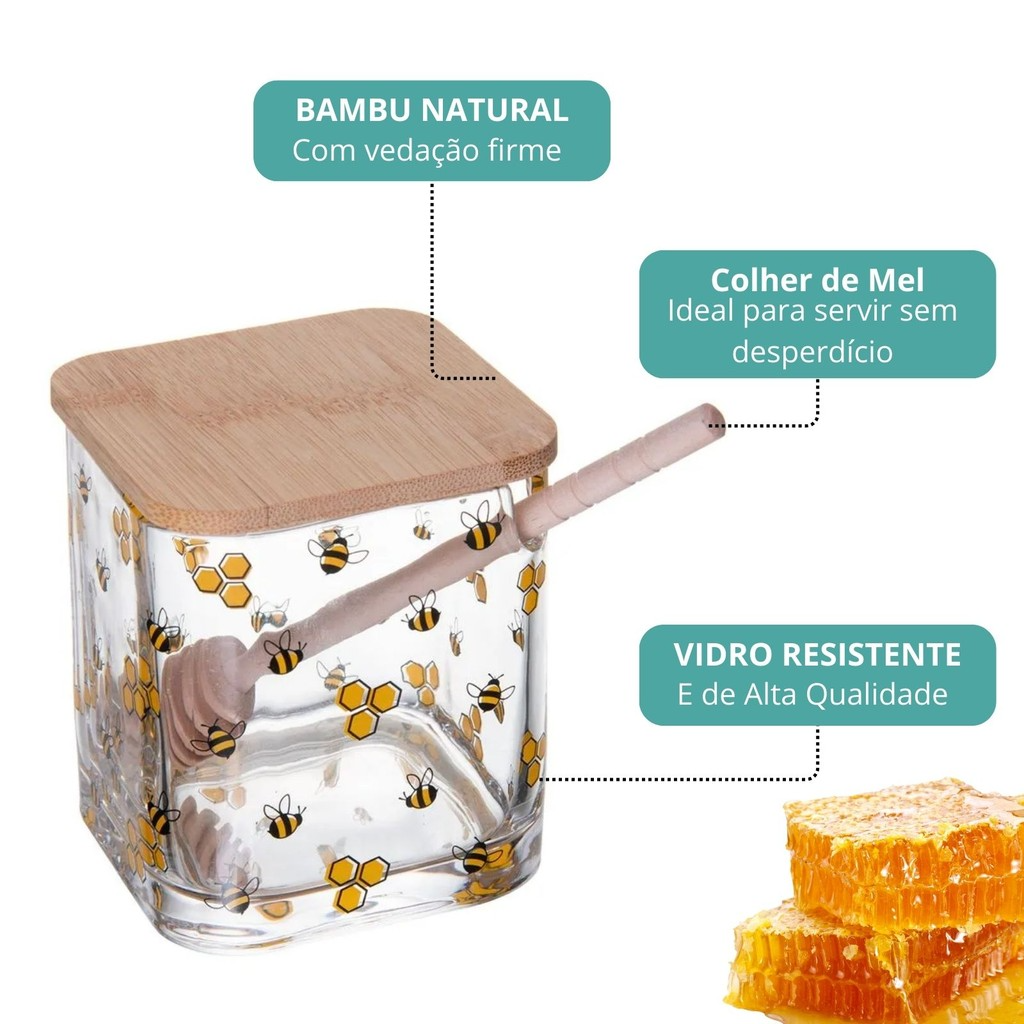 Meleira Abelhas com Tampa de Bambu e Colher de Madeira 9,5x8x8cm