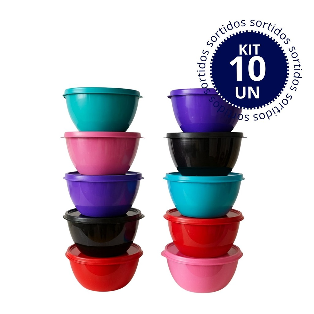 Kit 10 Potes Redondo de Plástico Com Tampa 1 Litro Colorido