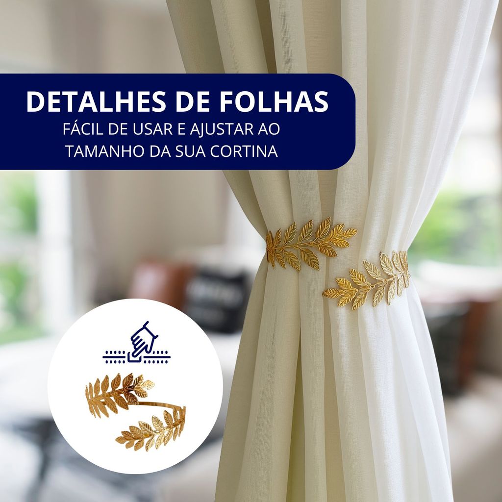 Kit 02 Prendedores de cortina de Metal Folhas Jardim Elegante Com Detalhes em Relevo