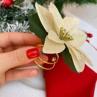 Kit com 4 Guardanapo + Argola de Guardanapo Flor Dourada Mesa Posta Natal