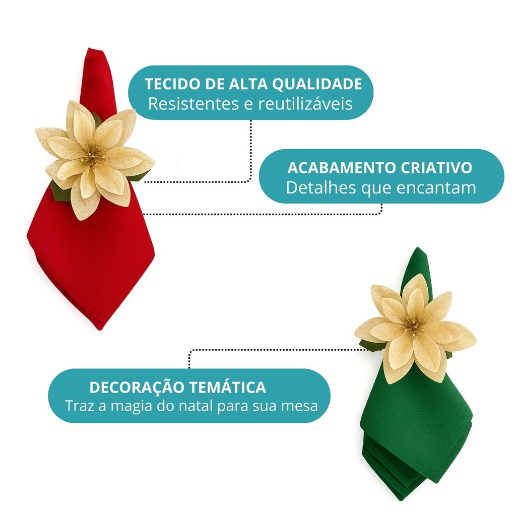 Kit com 4 Guardanapo + Argola de Guardanapo Flor Dourada Mesa Posta Natal