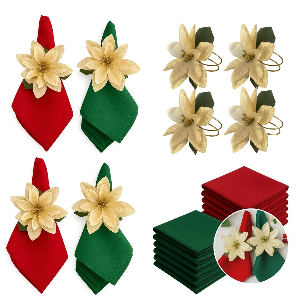 Kit com 4 Guardanapo + Argola de Guardanapo Flor Dourada Mesa Posta Natal