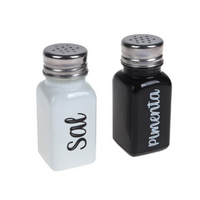 Jogo Saleiro e Pimenteiro em Vidro Com Tampa de Aço com Escrita