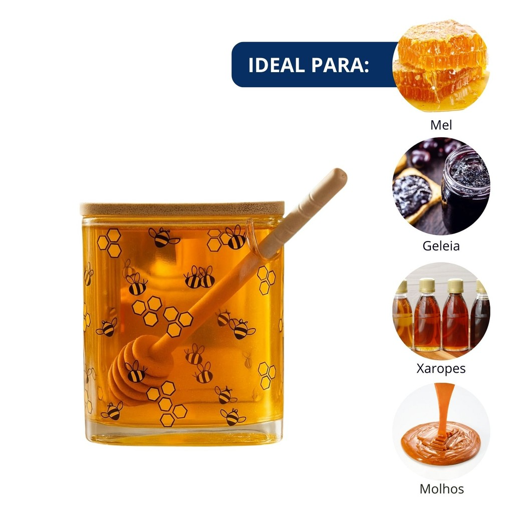 Meleira Abelhas com Tampa de Bambu e Colher de Madeira 9,5x8x8cm