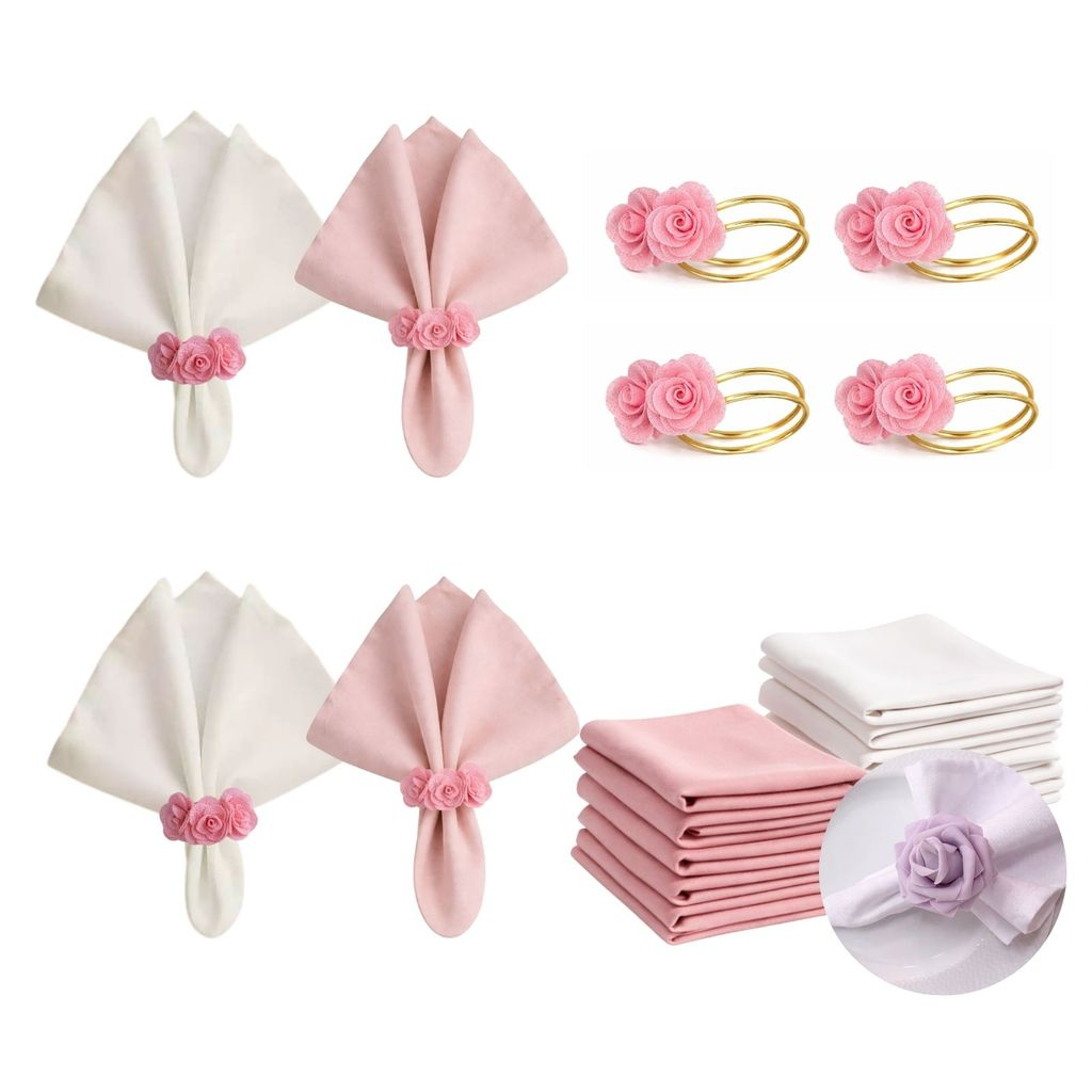 Kit com 4 Anel de Guardanapo + 4 Guardanapo  Oxford 3 Rosas