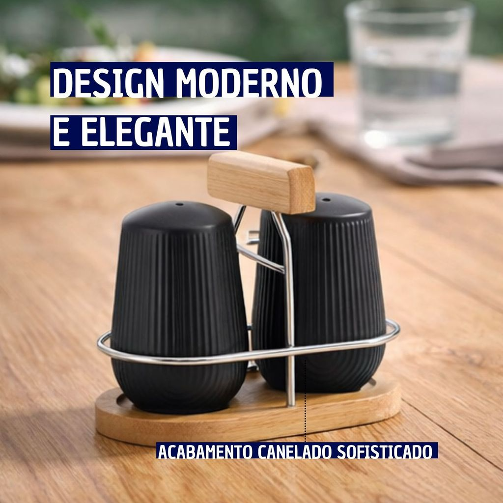 Jogo Saleiro e Pimenteiro de Cerâmica com suporte de Bambu Black