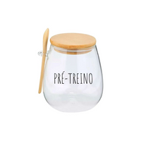 Pote Hermético de Vidro com Tampa de Bambu e Colher Com Escrita Grande 1Litro