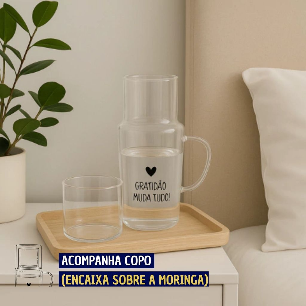 Moringa de água de Vidro com Copo e Frase Gratidão Muda Tudo