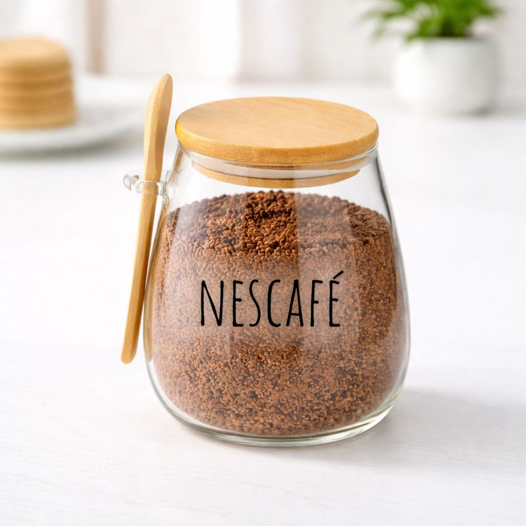 Pote Hermético de Vidro com Tampa de Bambu e Colher Com Escrita Grande 1Litro