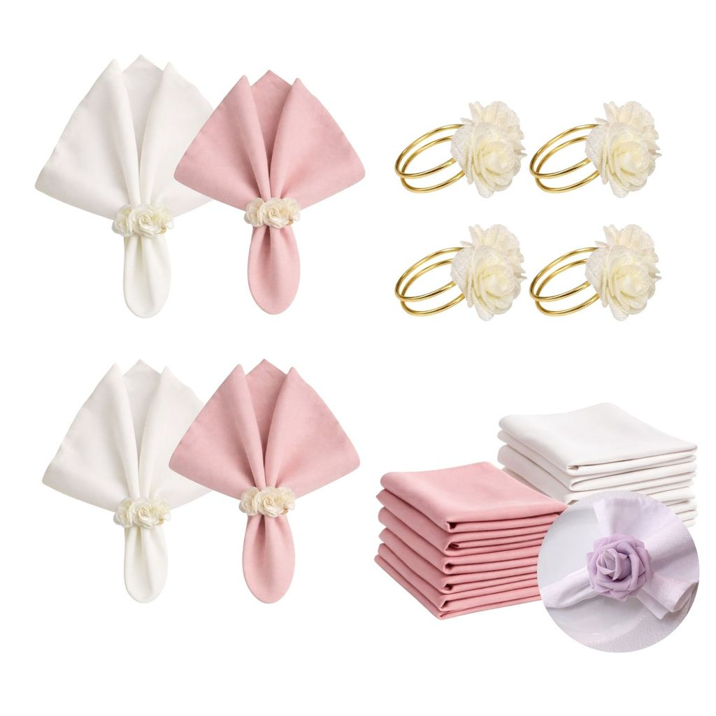 Kit com 4 Anel de Guardanapo + 4 Guardanapo  Oxford 3 Flores Brancas