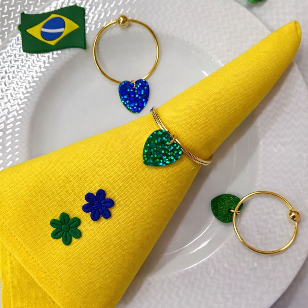 Kit 06 Anel de Guardanapo Para Copa do Mundo Brasil Coração Azul Verde e Amarelo