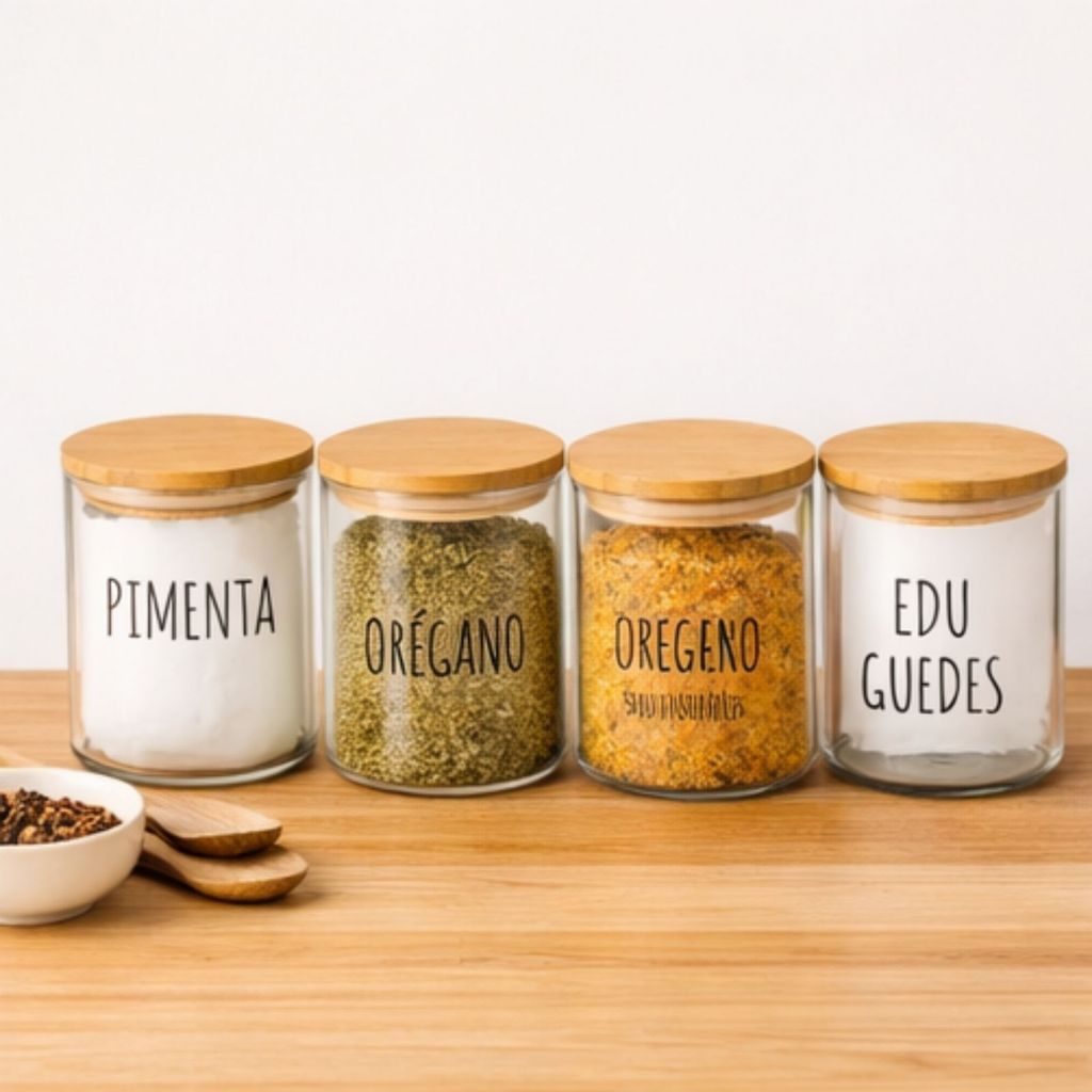 Potes Herméticos para Temperos de Vidro com Tampa de Bambu Personalizado 8x8